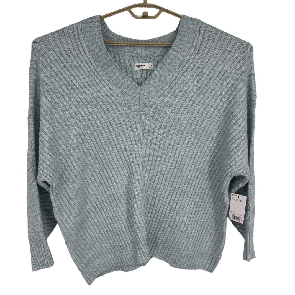 Sonoma V-Neck Ribbed Knit Sweater Light Blue Recycled Blend Size 1X